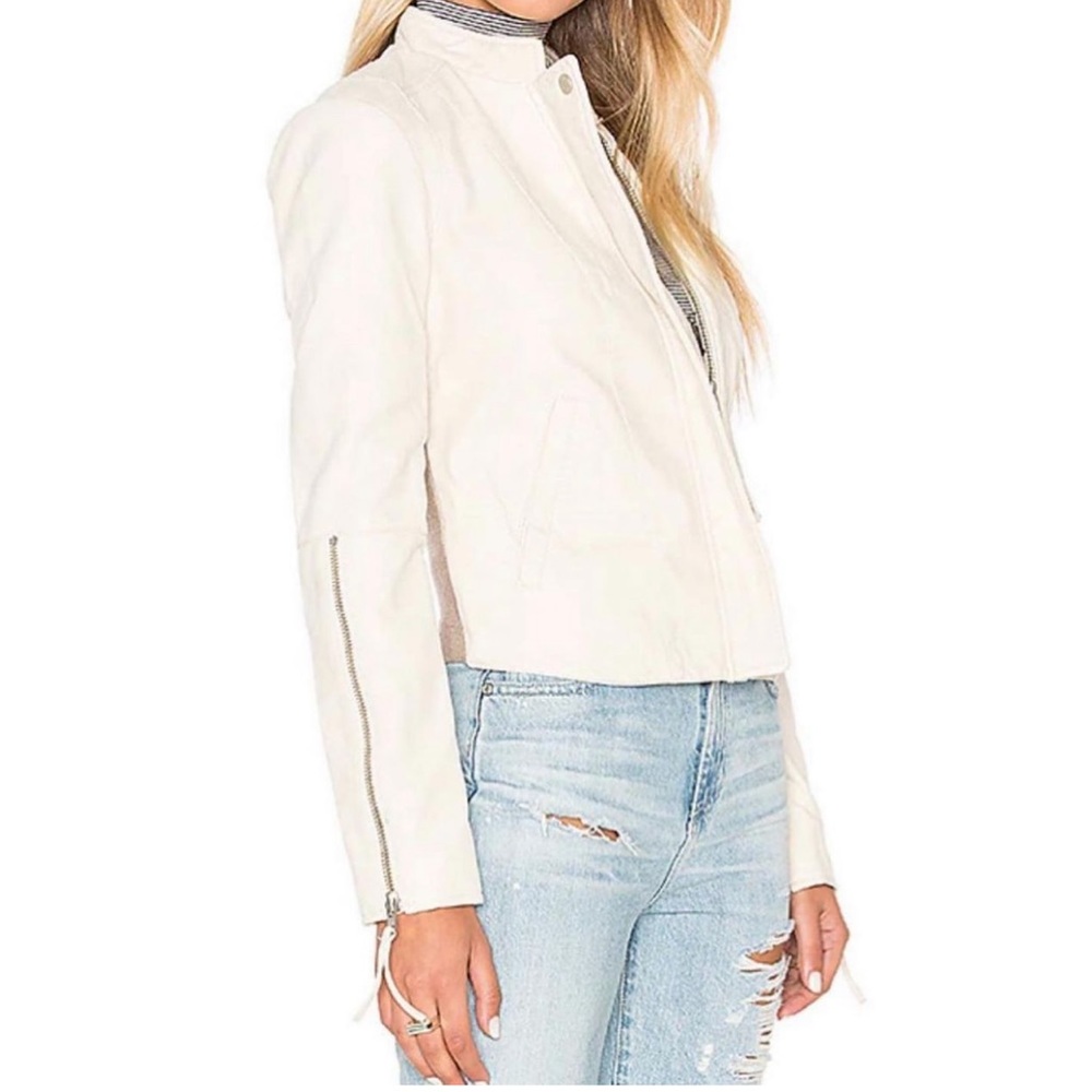 Free People Cool & Clean VEGAN Leather Moto Motorcycle Zip Jacket In Bone Sz 4